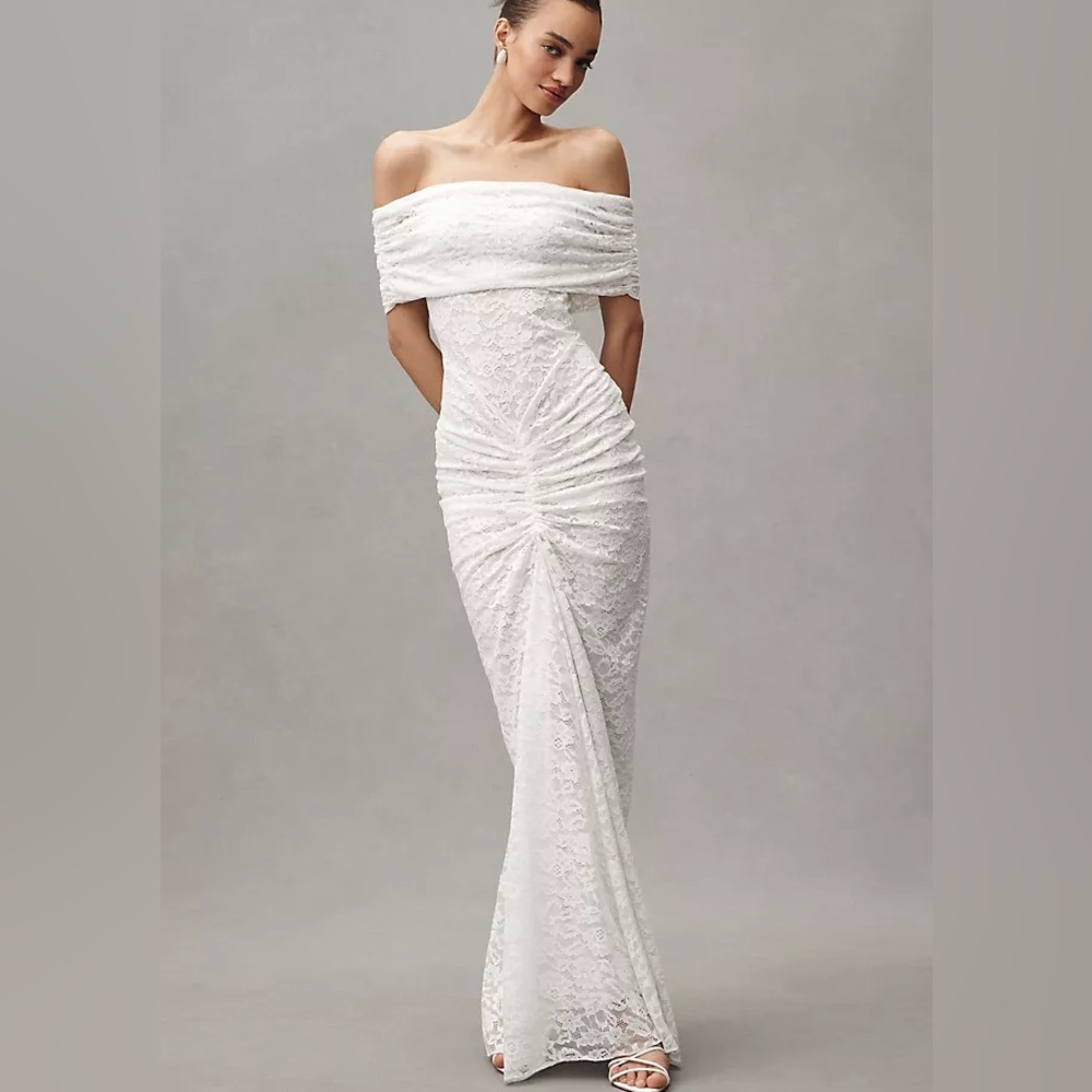 Ronny Kobo Tamsin Off-the-Shoulder Ruched Lace Maxi Dress Large